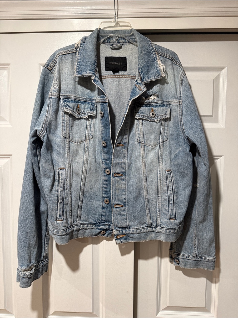 Express Light Blue Distressed Denim Jacket
